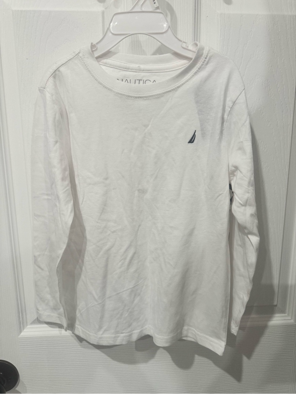 Nautica White Long Sleeve Tee with Navy Sailboat Embroider